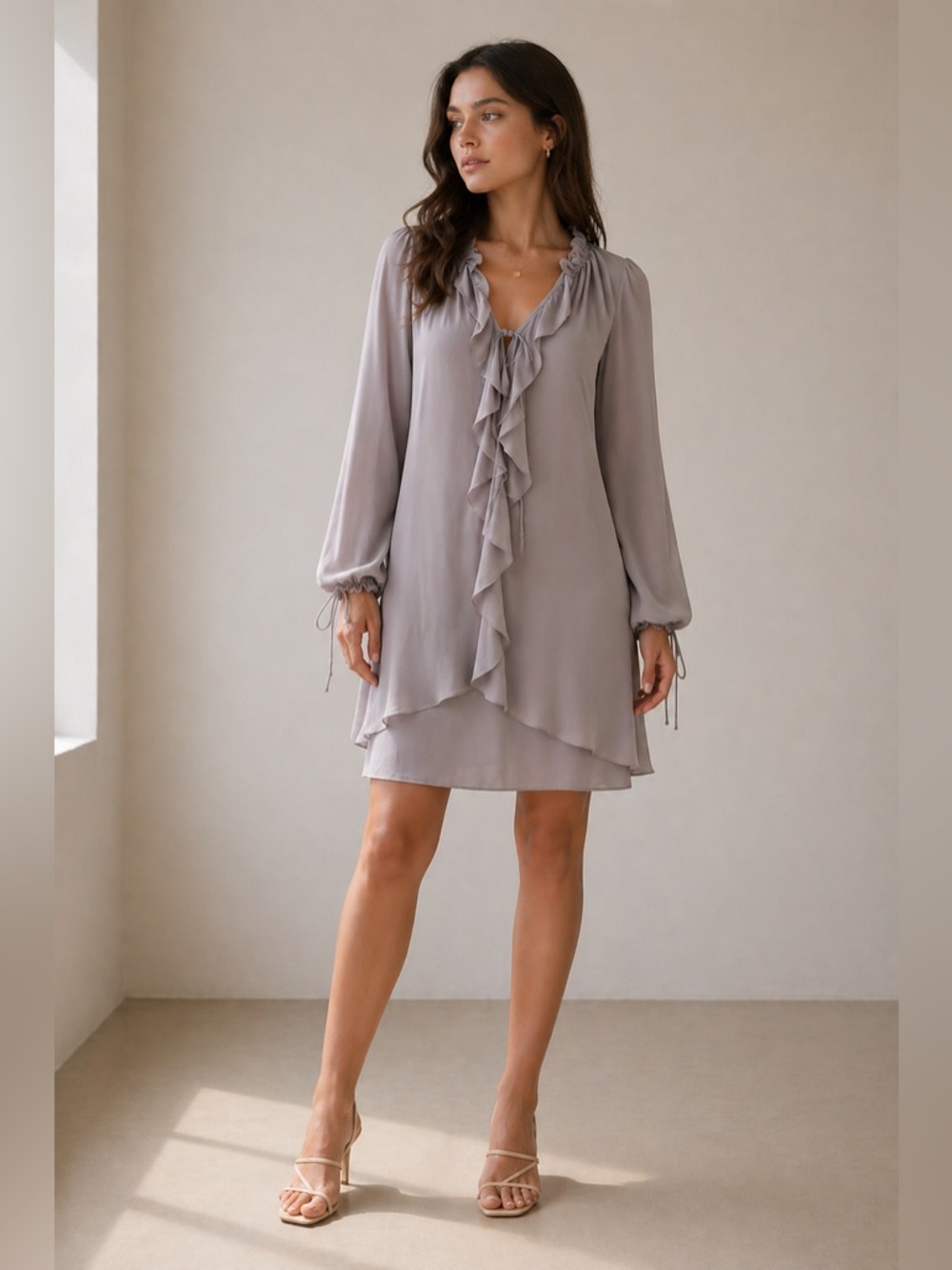 Aritzia Wilfred Ruffle Mini Dress Taupe Tie Neck – Flowy Feminine Size M
